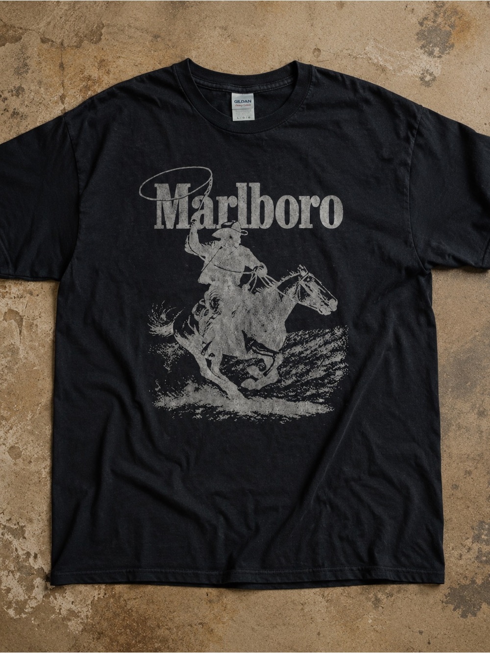 Gildan 5000 Black Tee with Gray Marlboro Cowboy Graphic, Y2K, Streetwear Size L
